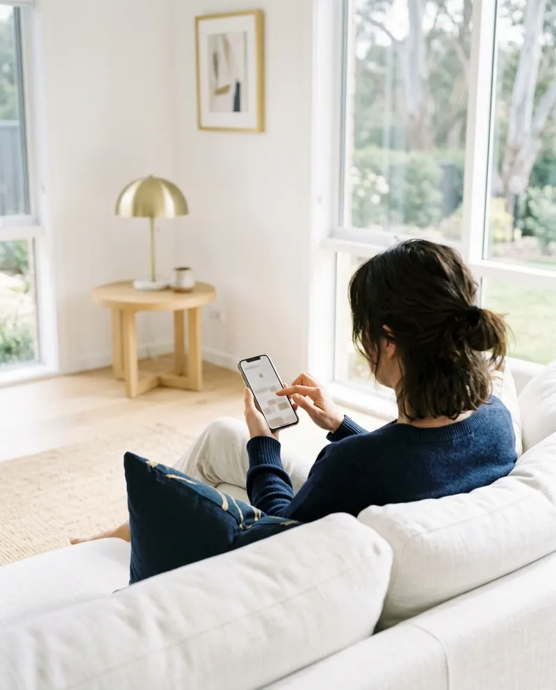 A person booking an appointment on their phone from the couch.