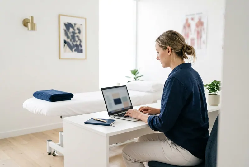 A physiotherapist reviewing notes on a laptop between appointments.