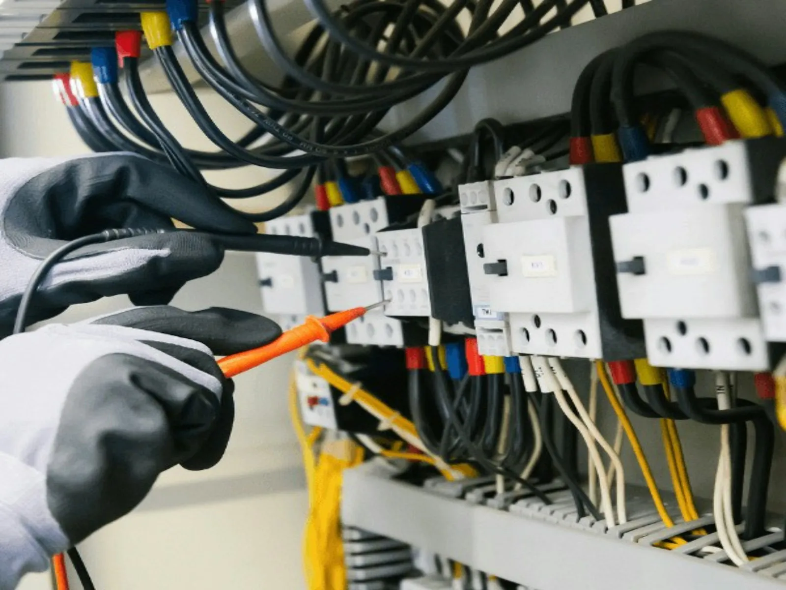 An electrician's gloved hands testing a switchboard with a multimeter.