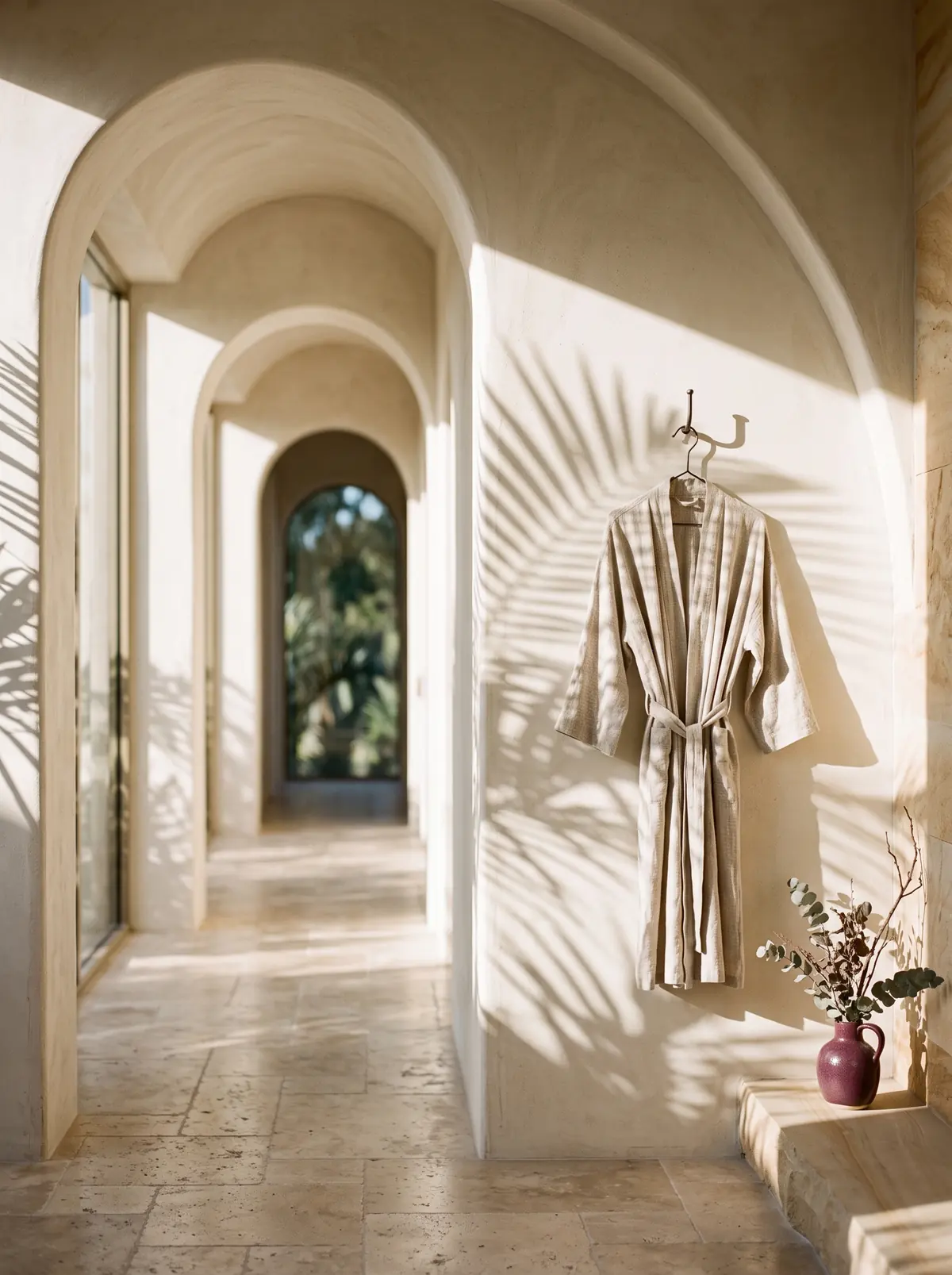 An arched corridor with palm shadows on plaster walls and a linen robe on a hook.