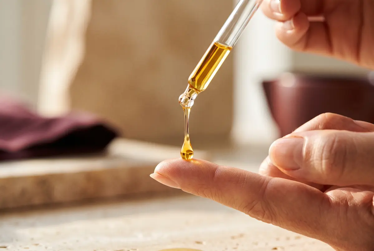 A drop of facial oil falling from a glass pipette onto a fingertip.