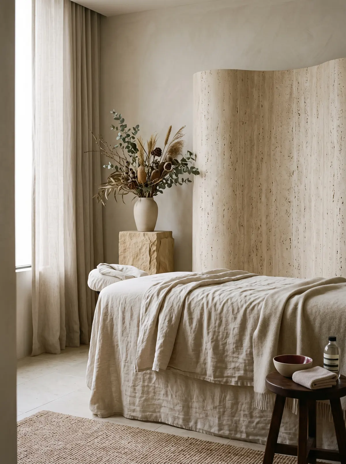 A calm treatment room with a linen-draped bed beside a curved travertine wall.