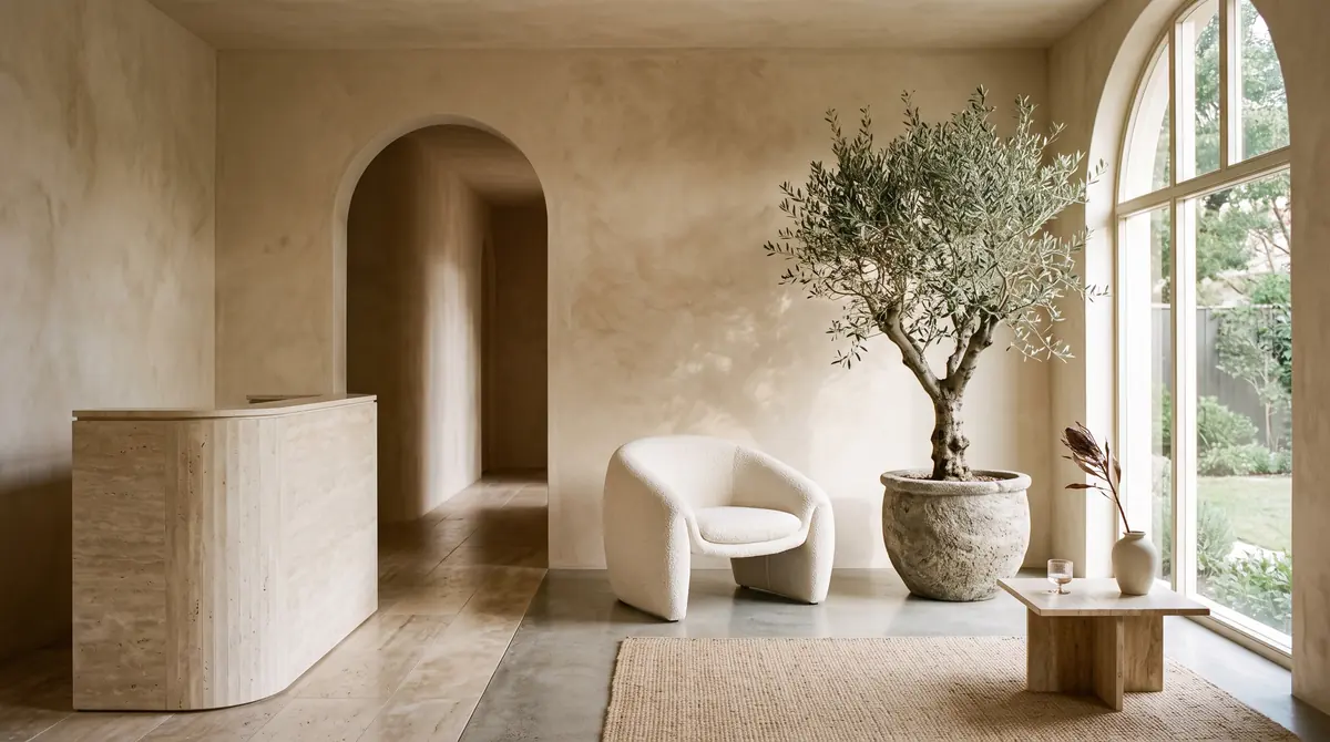 The reception and lounge, with a limestone desk, a sculptural armchair and an olive tree.
