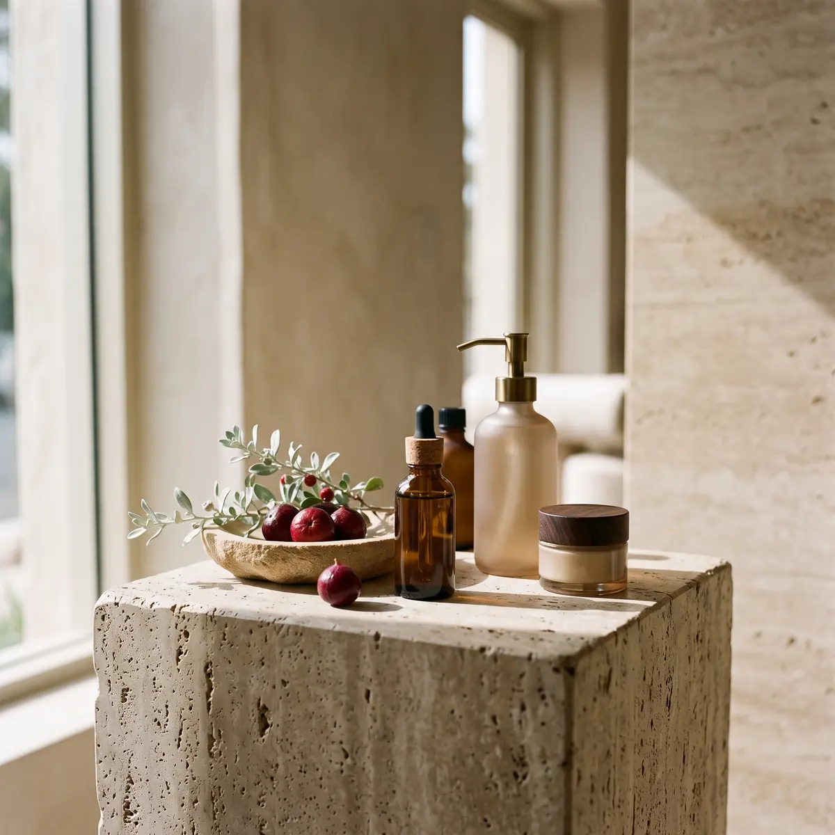 Glass bottles on a travertine plinth beside a dish of quandong fruit.