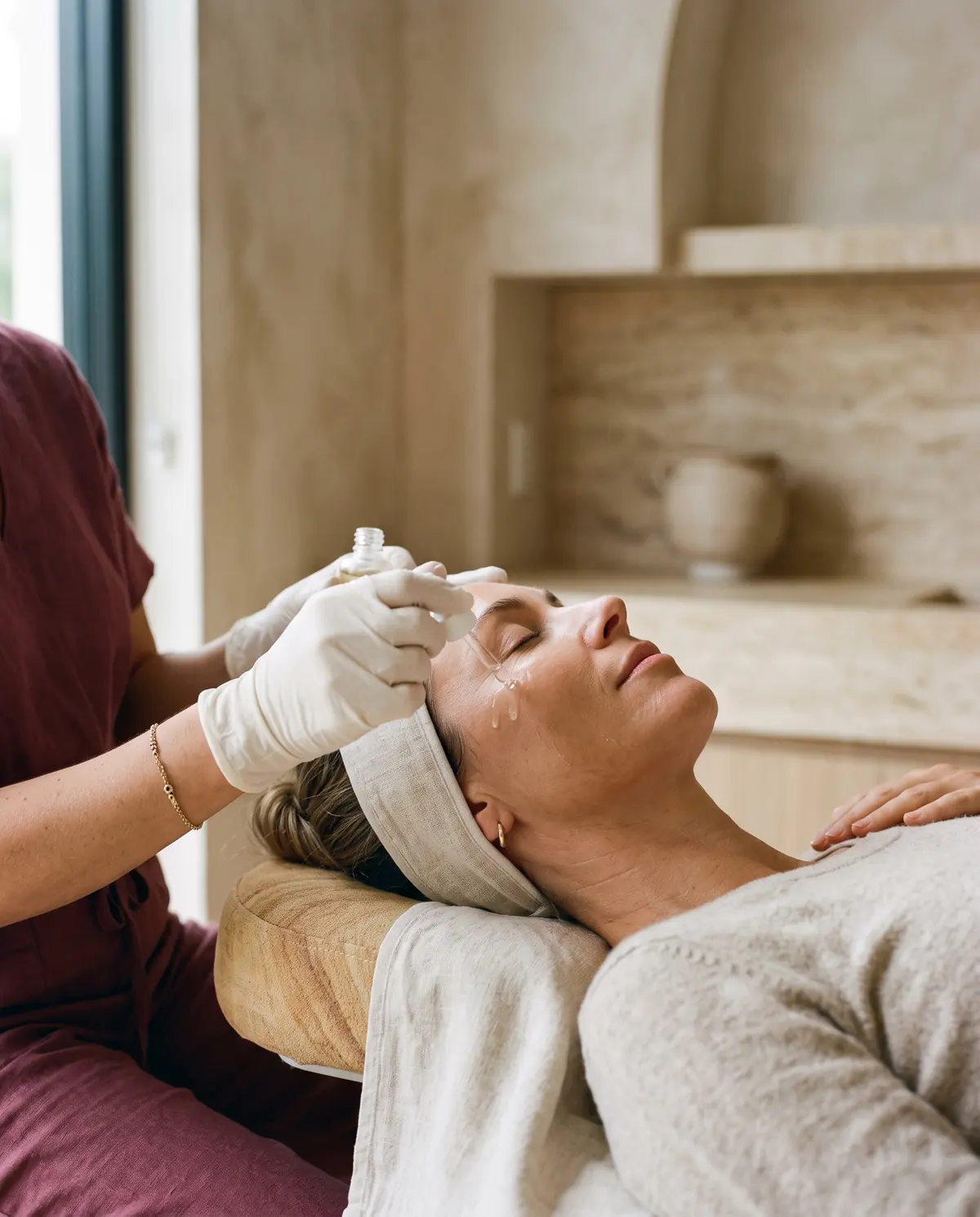 A skin therapist applying serum to a relaxed client's cheek.