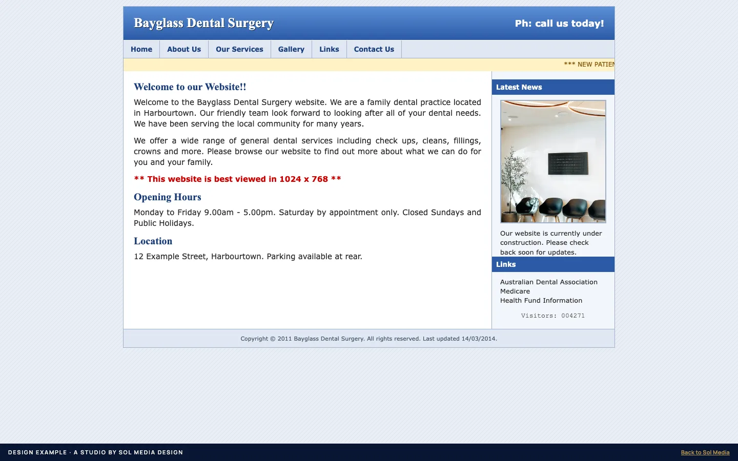 Design example: an outdated, cluttered dental clinic website, the before version.