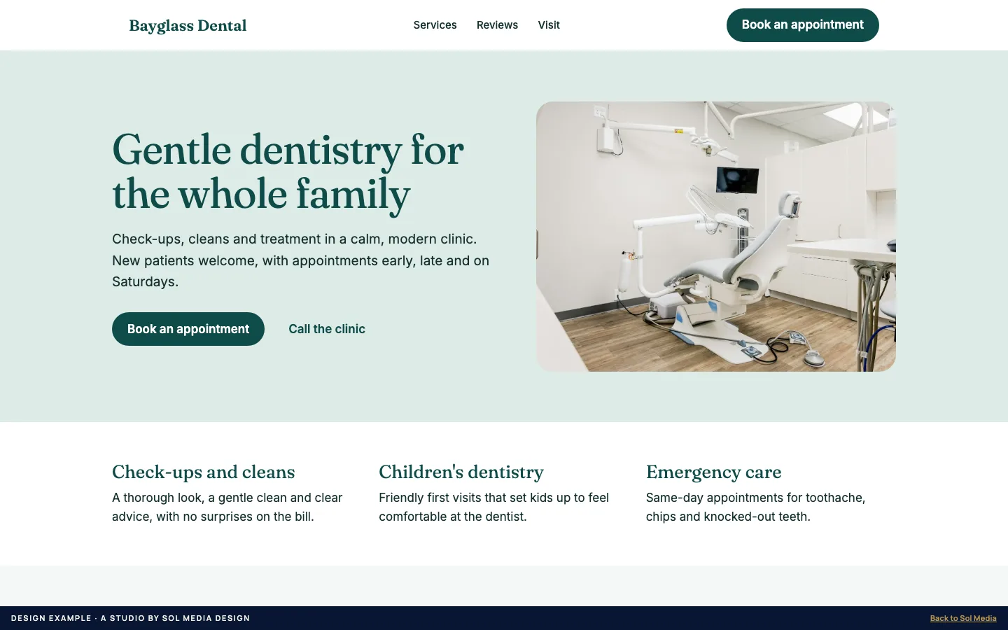 Design example: the same dental clinic website redesigned by Studio, clean and mobile-friendly.