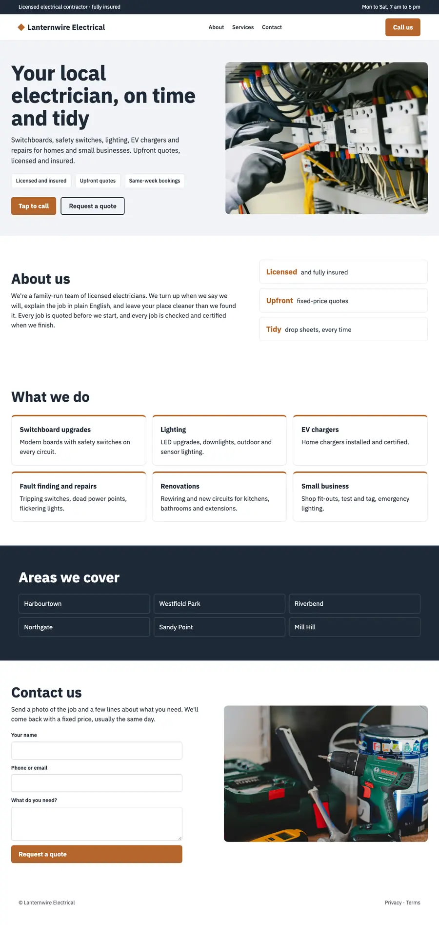 The Lanternwire Electrical website, a four-page site for a local electrician, scrolling from its home page to its contact page.