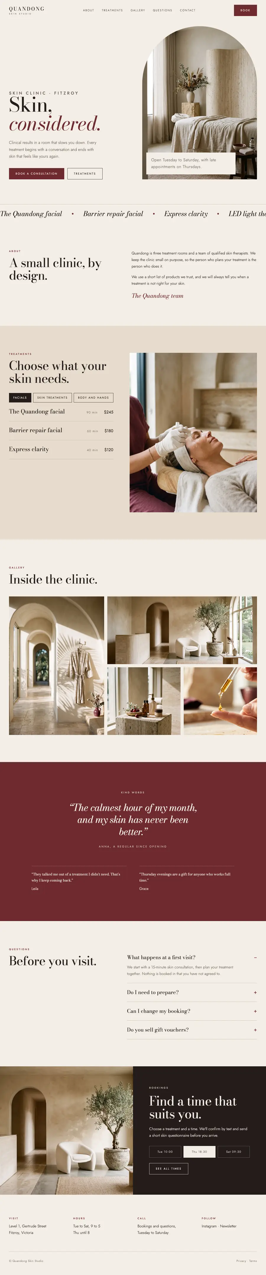 The Quandong Skin Studio website, an eight-page site for a skin clinic with motion, a gallery, testimonials, questions and bookings, scrolling top to bottom.