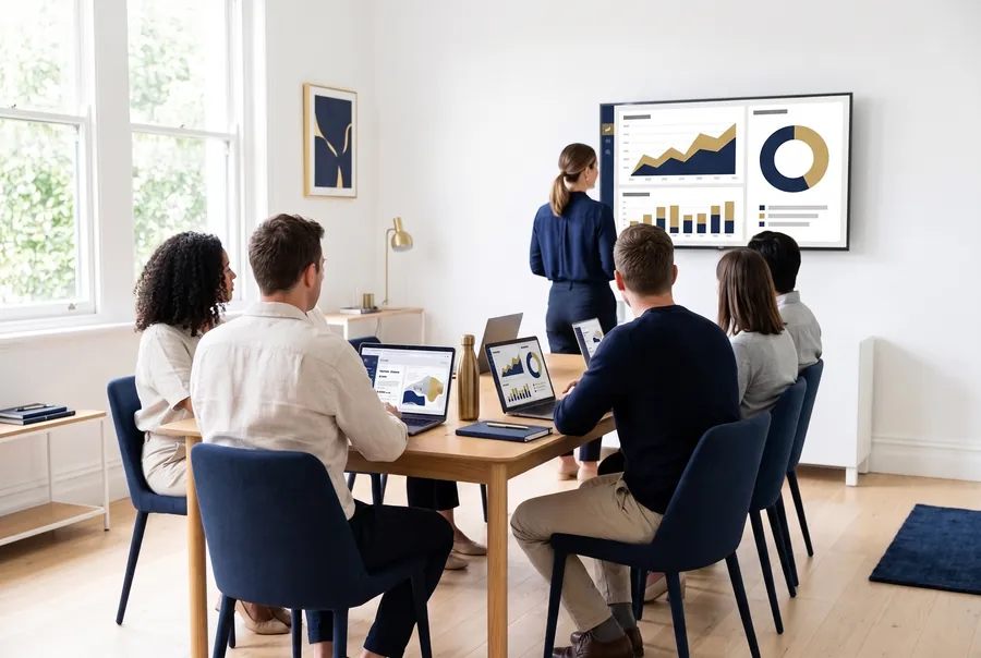A trainer at the front of a bright meeting room, walking a team through a performance dashboard on a shared screen while they follow along on their laptops.