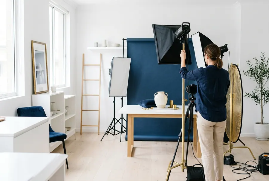 A small photo set with a product on a table, softbox lights and a camera on a tripod.