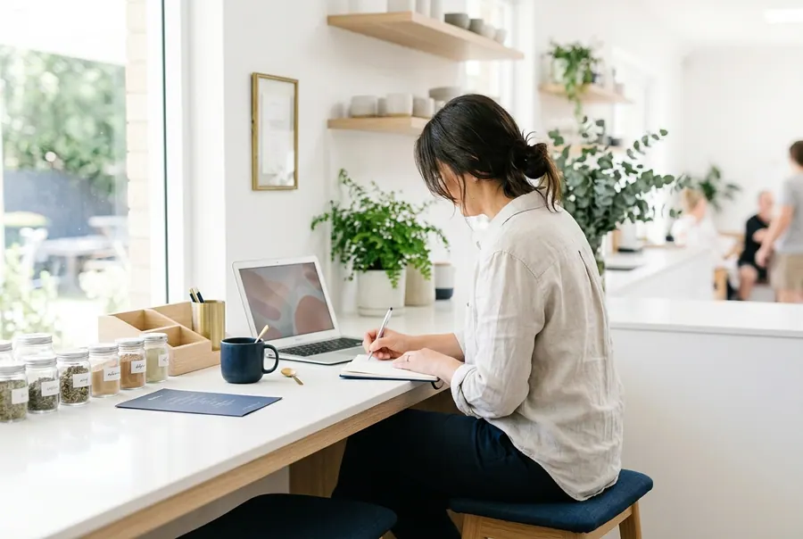 A person writing at a laptop at a kitchen bench, with product samples and handwritten notes beside them.