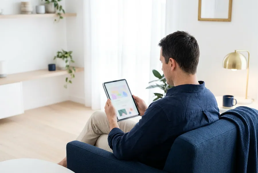 A person reading a brightly designed email newsletter on a tablet at home.