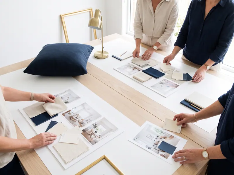 A brand workshop table spread with mood boards, colour swatches and printed photos.