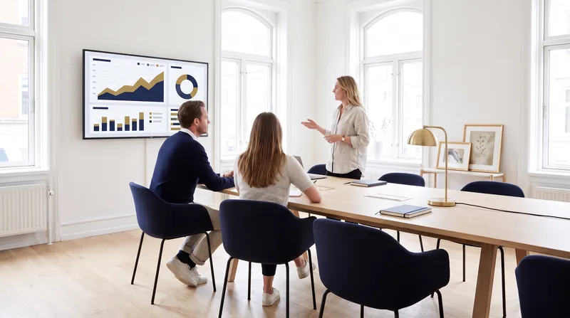 A group in a meeting room reviewing campaign results on a large screen of charts.