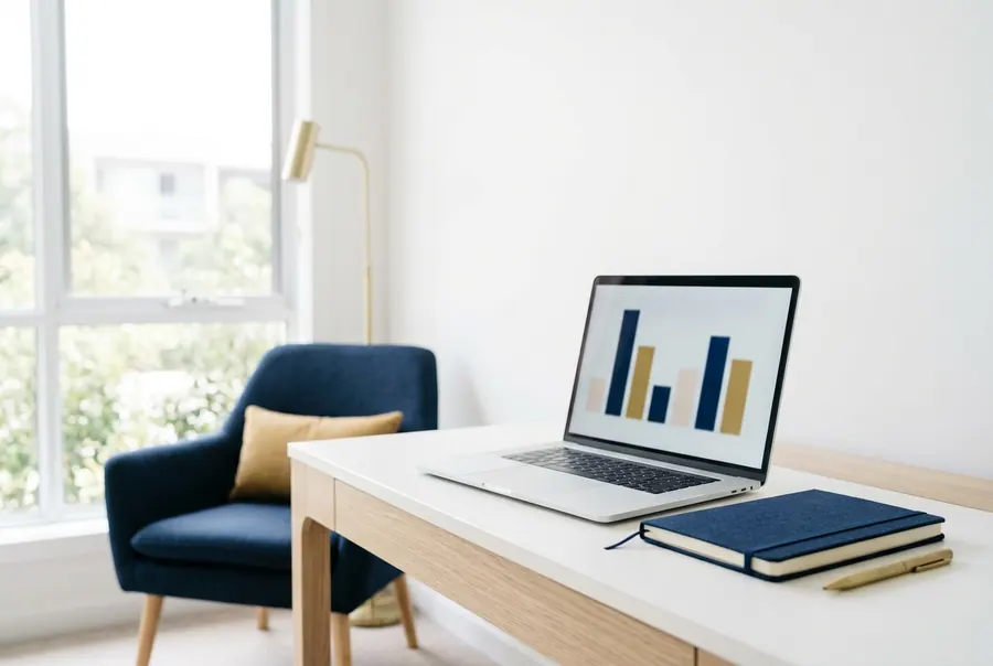 A laptop on a bright desk showing a simple chart, next to a navy notebook.