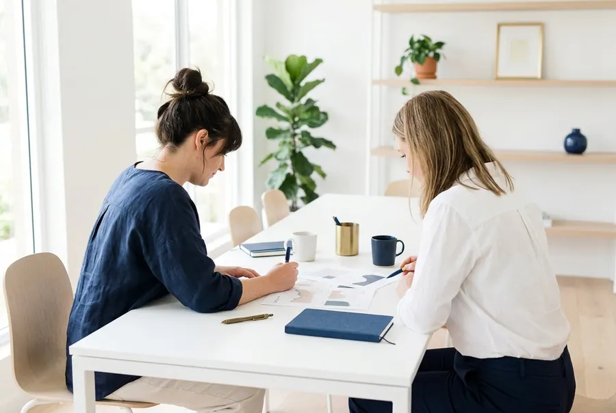 Two people at a desk marking up a printed marketing plan with coloured pens.