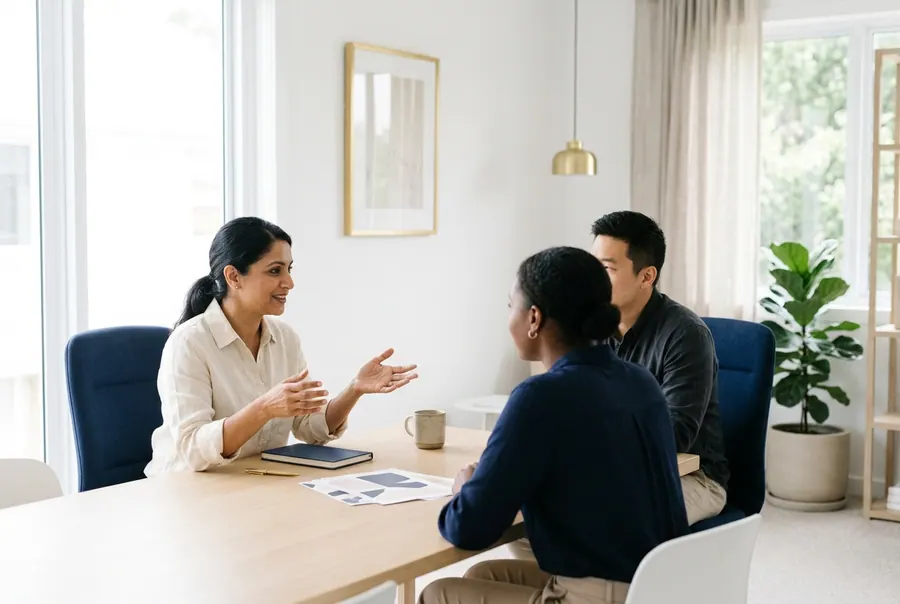 A manager and two new team members talking around a table in a bright office.