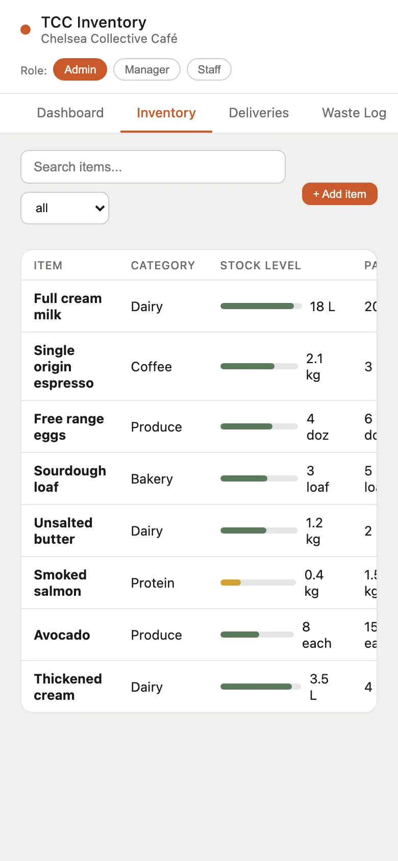 The same system's inventory page on a phone: a searchable stock list showing each item's category and stock level.
