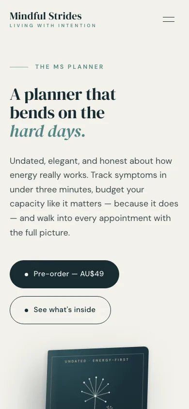 An inner page of the Mindful Strides website on a phone.